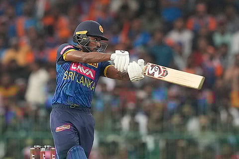 Kamindu Mendis plays a shot during the second ODI cricket against India